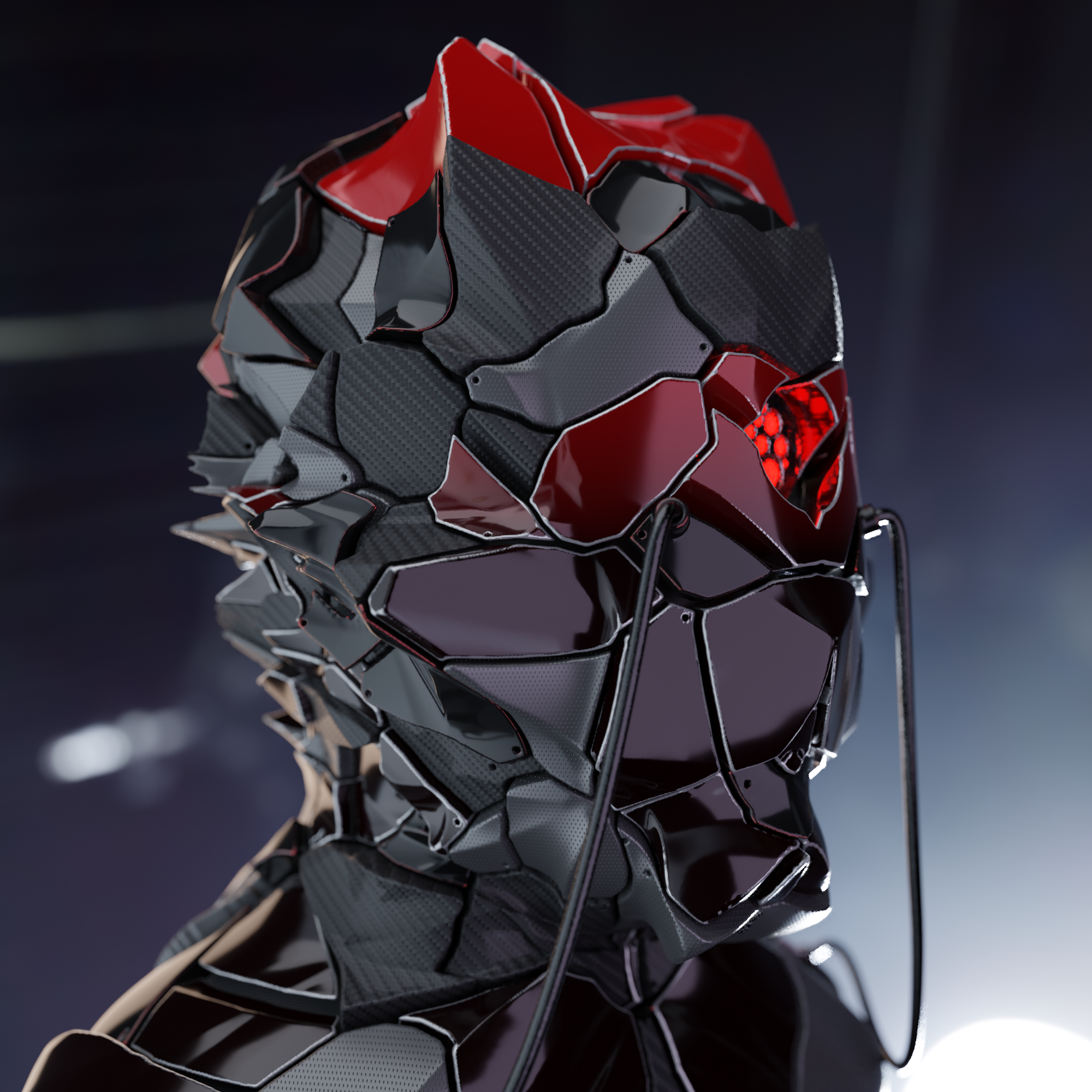 Metallic futuristic helmet with red accents facing to the right.
